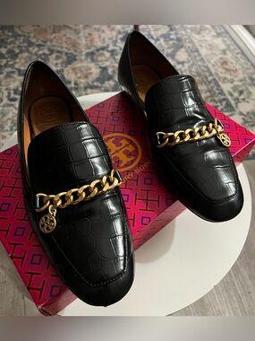 Tory Burch Black Croc-Embossed Loafers
